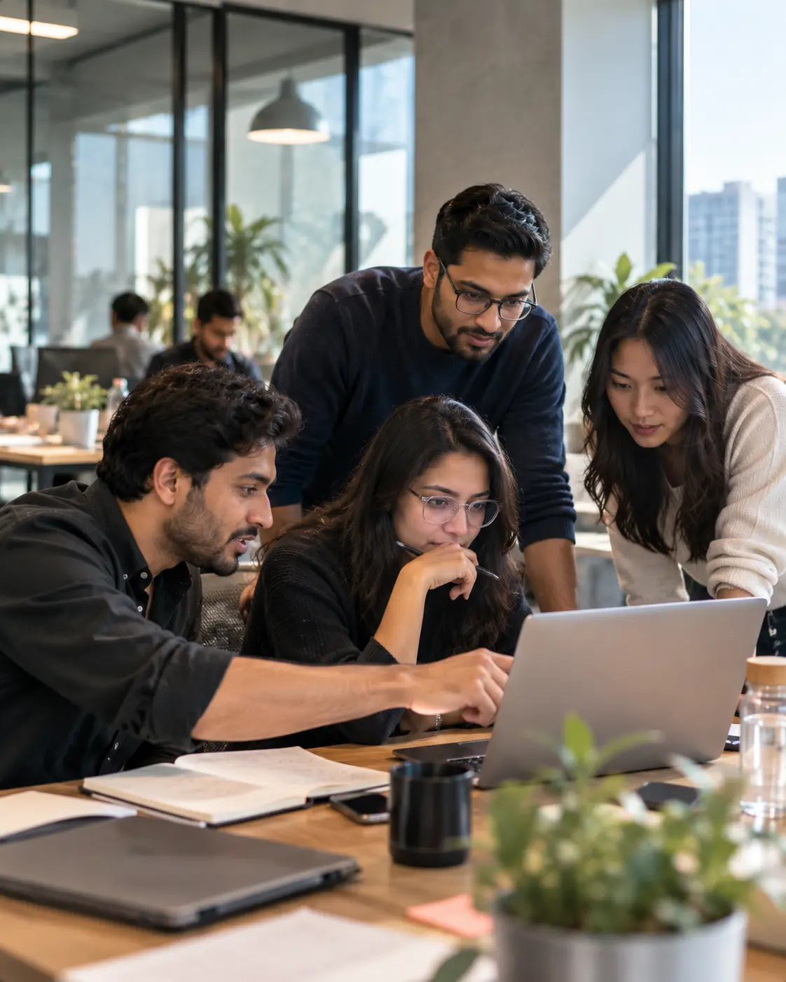 Team collaborating around a laptop
